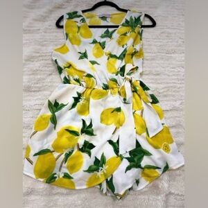 Yellow and White Lemon Print romper with Fitted Waist